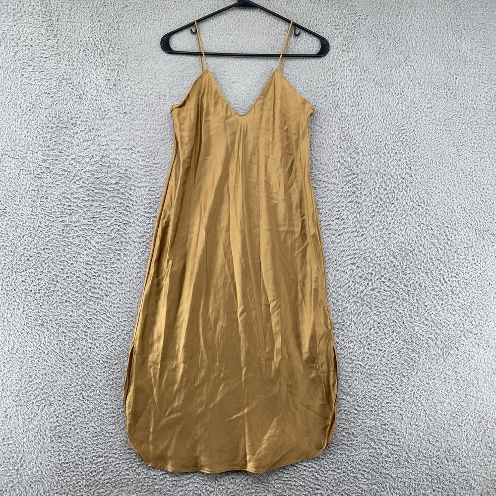 Banana Republic Slip Dress Womens XS Petite Gold 100% Silk Midi V Neck Satin